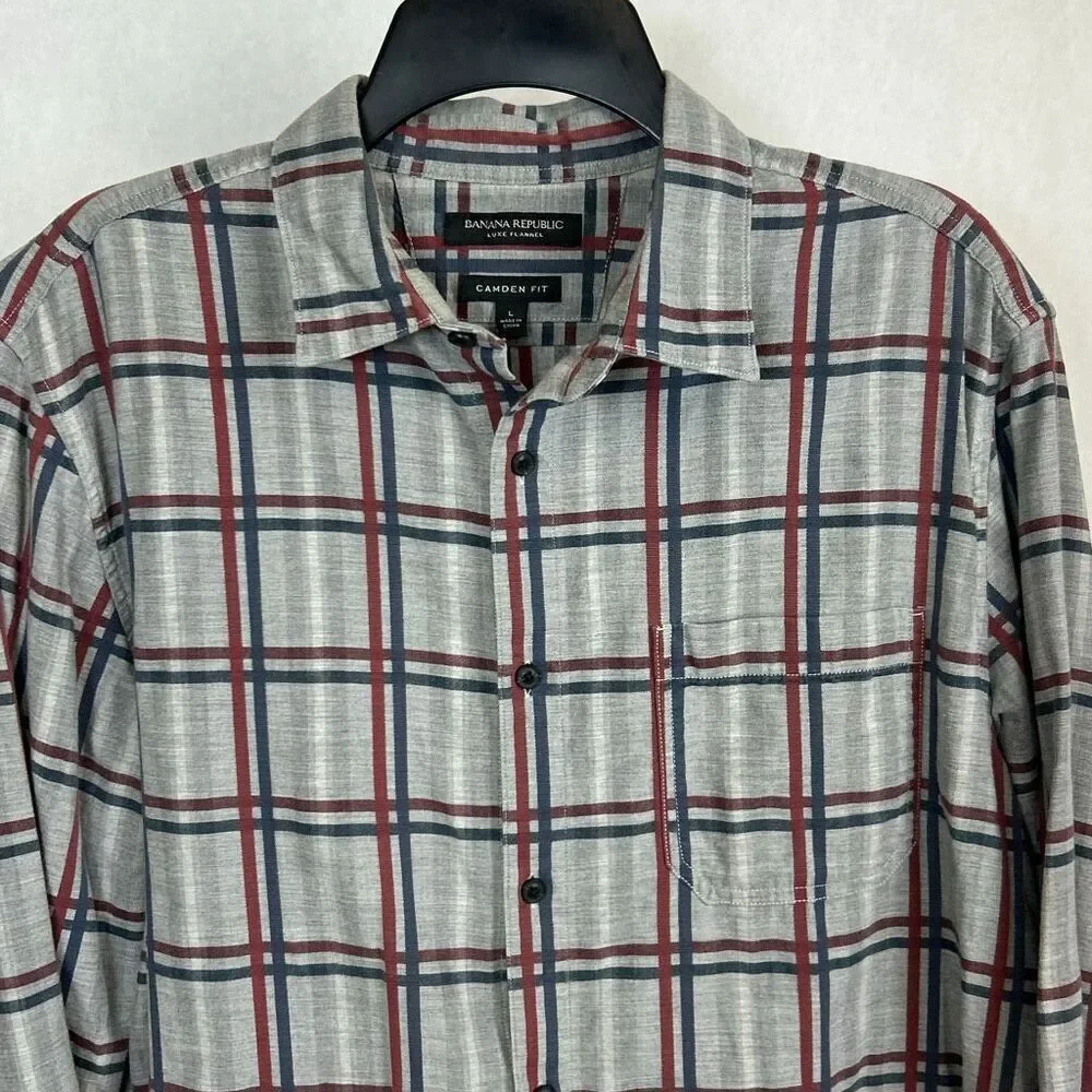 Banana Republic Luxe Flannel Button Down Shirt Camden Fit Sz Large Gray Plaid